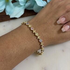 14K Gold Plated XP Tennis Bracelet Floral XO Pink Purple Yellow 7.75in